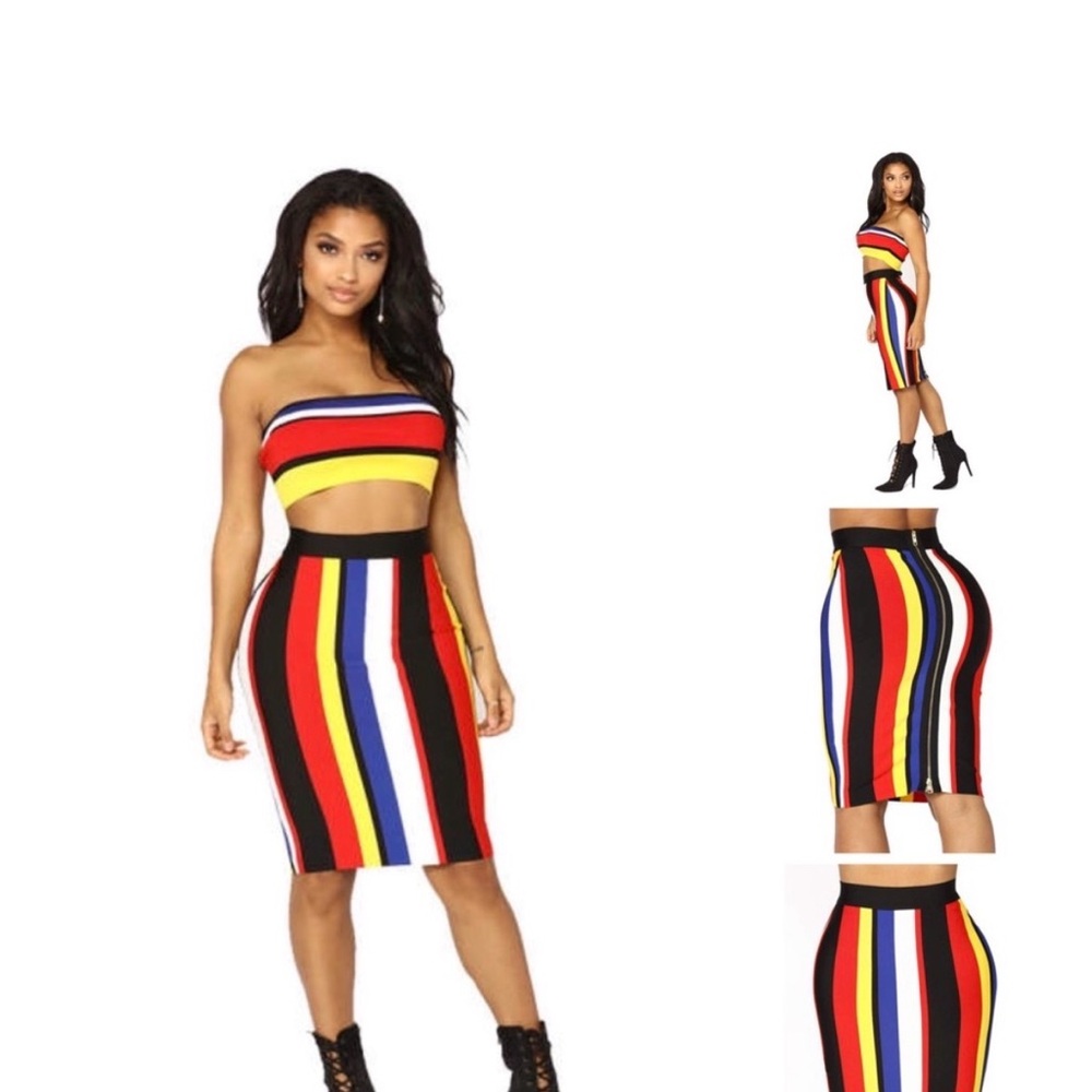 Fashion Nova M Colorful Striped Two-Piece Set - Red, Yellow, Blue, Black, White - Picture 2 of 3